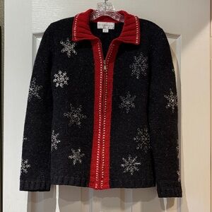 Petite Sophisticate Black and Red Snowflake Cardigan